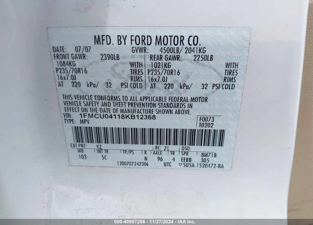 2008 FORD ESCAPE LIMITED VIN: 1FMCU04118KB12368