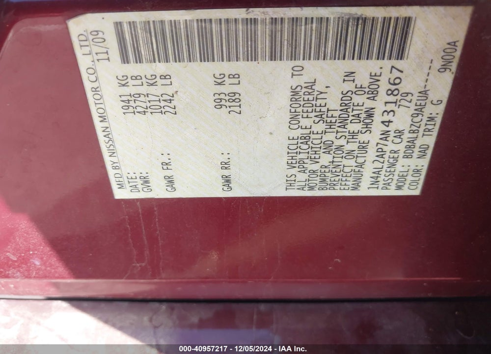 2010 NISSAN ALTIMA 2.5 S VIN: 1N4AL2AP7AN431867