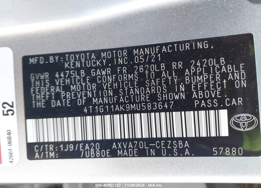 2021 TOYOTA CAMRY VIN: 4T1G11AK9MU583647