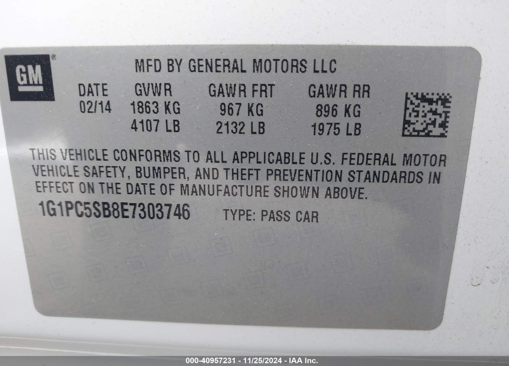 2014 CHEVROLET CRUZE 1LT AUTO VIN: 1G1PC5SB8E7303746