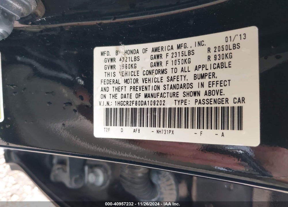 2013 HONDA ACCORD EX-L VIN: 1HGCR2F80DA109202