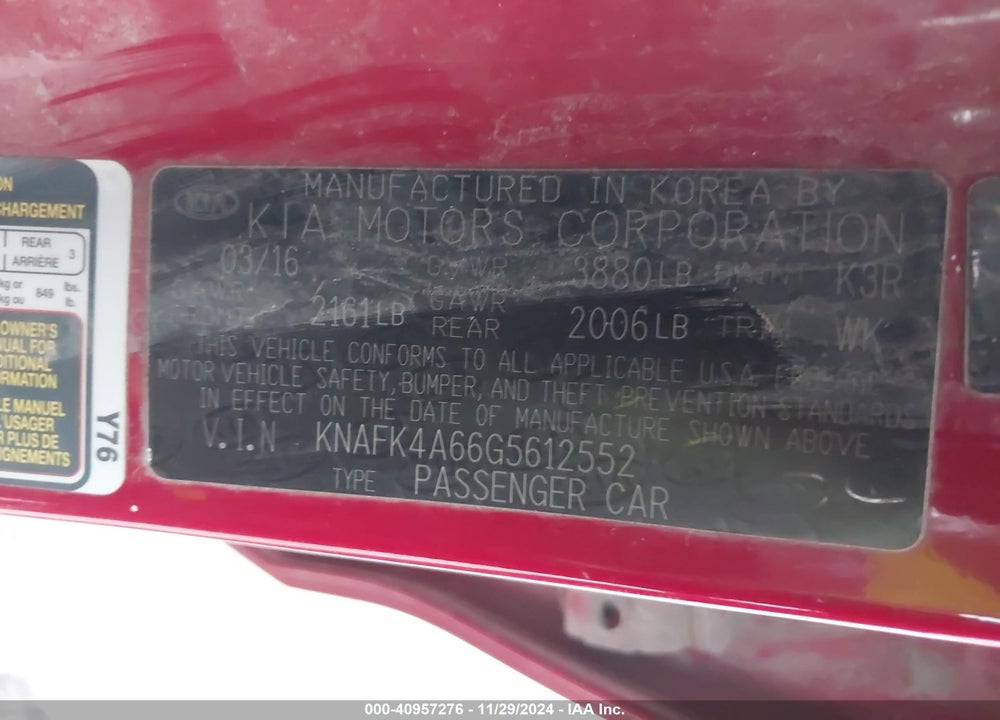 2016 KIA FORTE LX VIN: KNAFK4A66G5612552
