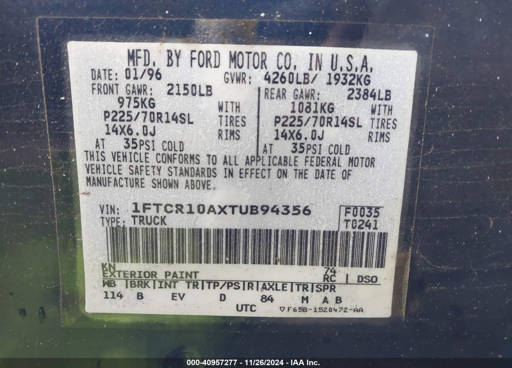 1996 FORD RANGER VIN: 1FTCR10AXTUB94356
