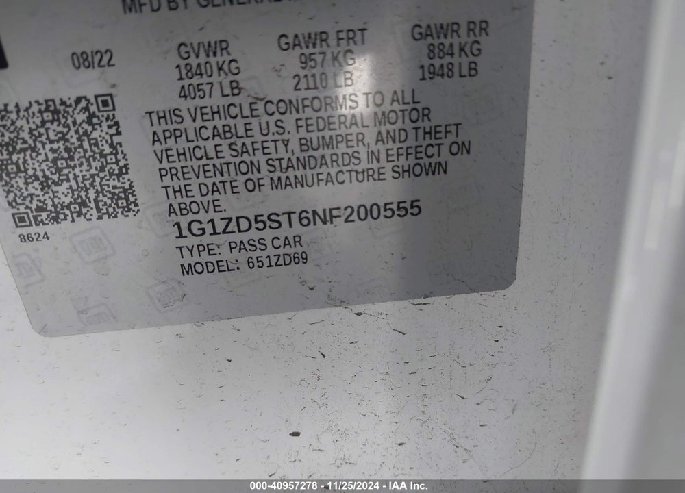 2022 CHEVROLET MALIBU VIN: 1G1ZD5ST6NF200555