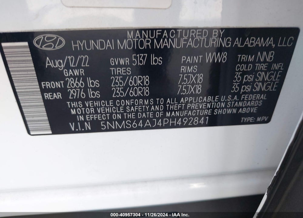 2023 HYUNDAI SANTA FE XRT VIN: 5NMS64AJ4PH492841