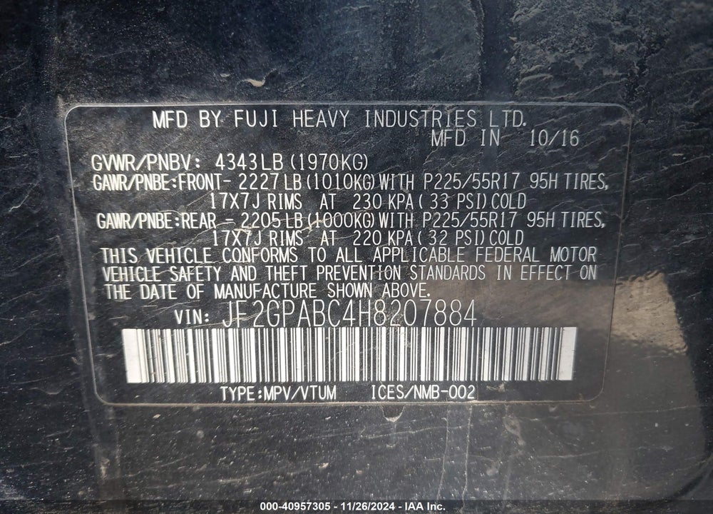 2017 SUBARU CROSSTREK 2.0I PREMIUM VIN: JF2GPABC4H8207884