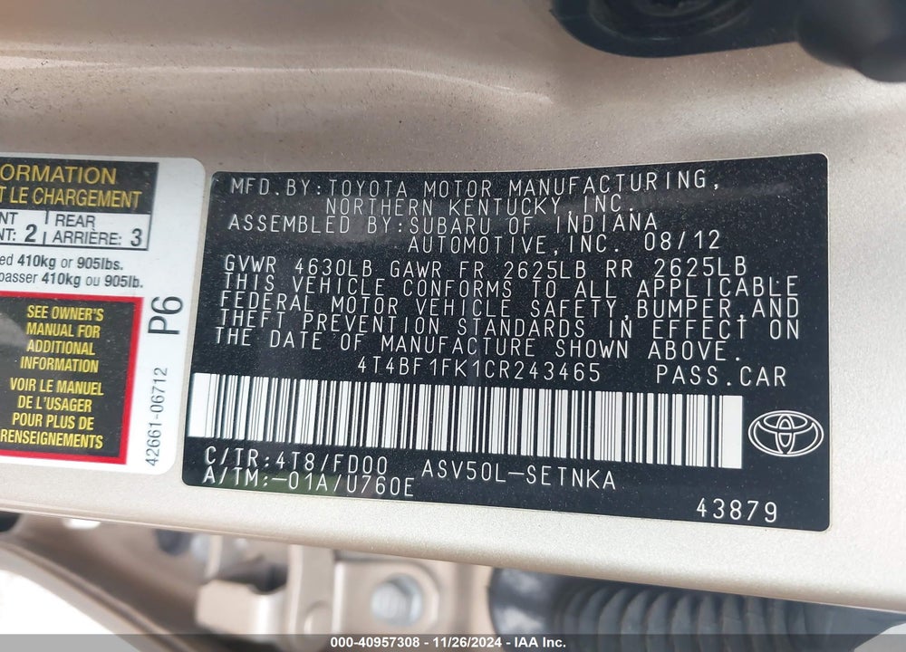 2012 TOYOTA CAMRY LE VIN: 4T4BF1FK1CR243465