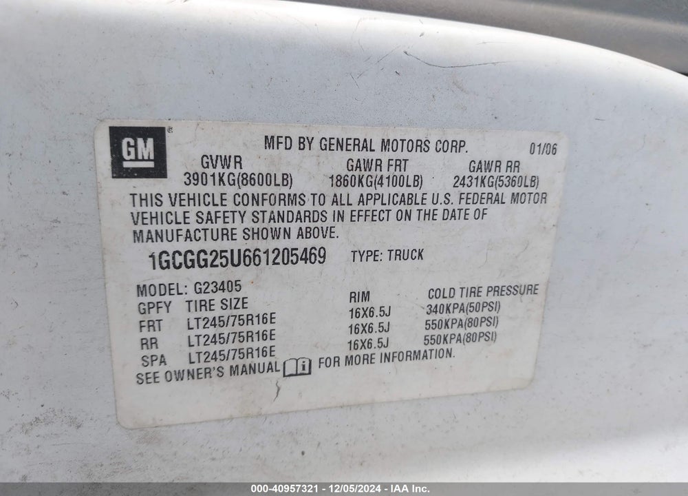 2006 CHEVROLET EXPRESS WORK VAN VIN: 1GCGG25U661205469