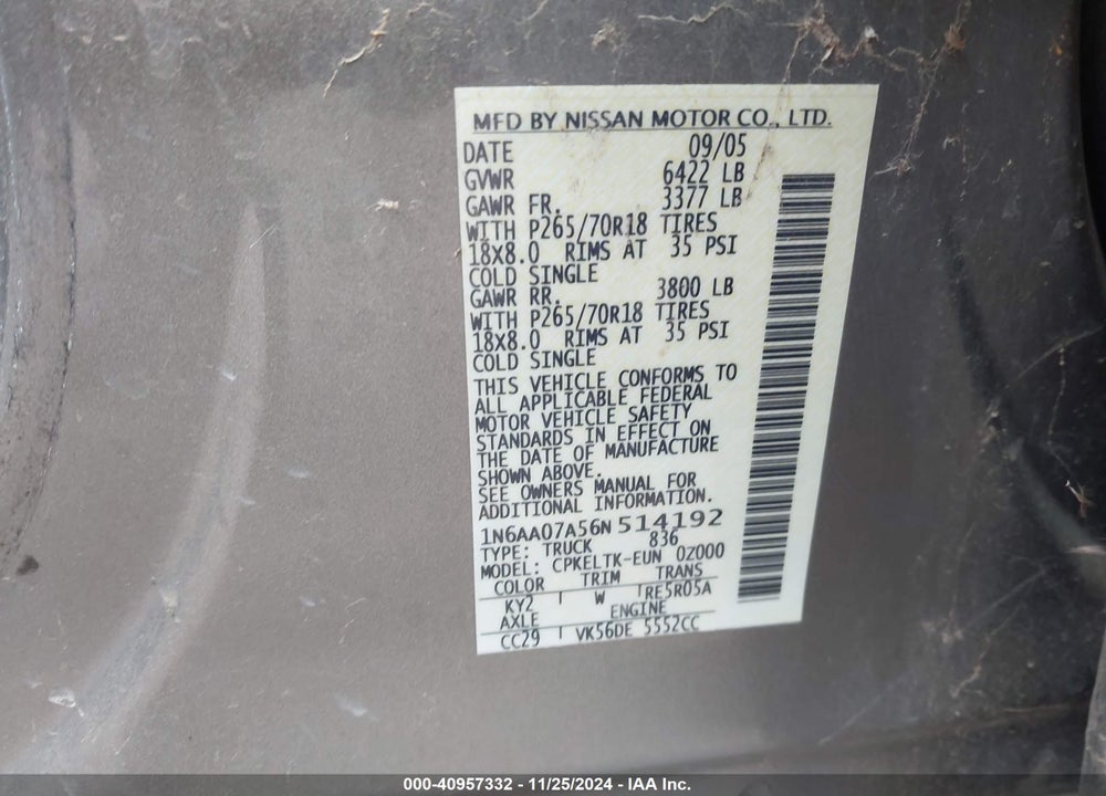 2006 NISSAN TITAN SE VIN: 1N6AA07A56N514192
