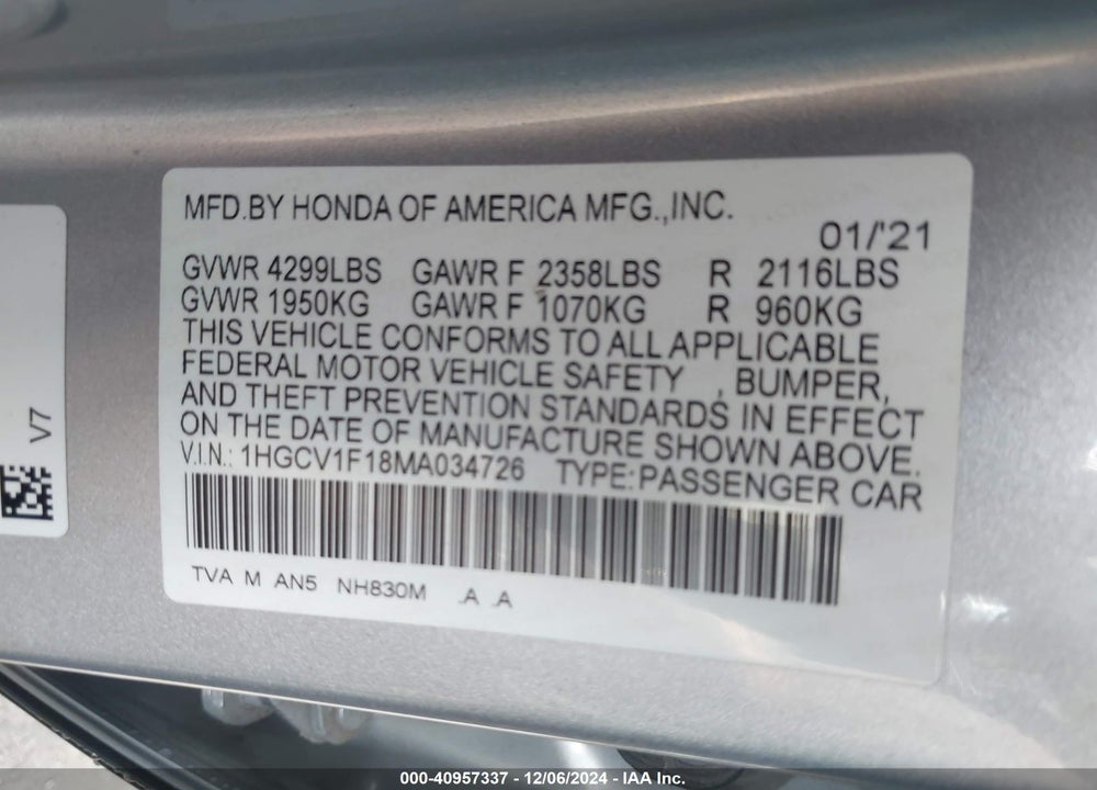 2021 HONDA ACCORD LX VIN: 1HGCV1F18MA034726