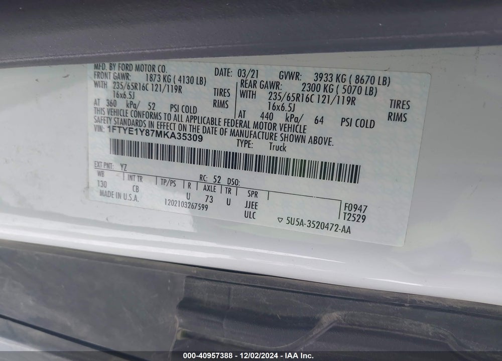 2021 FORD TRANSIT-150 CARGO VAN VIN: 1FTYE1Y87MKA35309