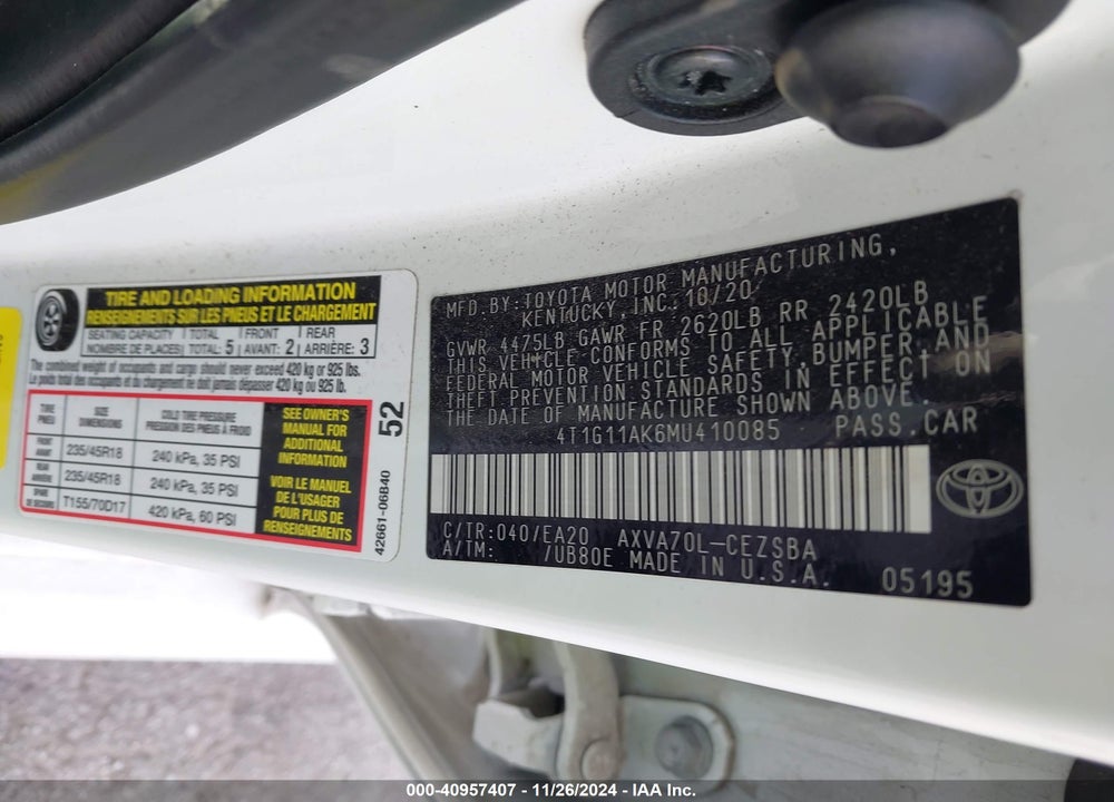 2021 TOYOTA CAMRY VIN: 4T1G11AK6MU410085
