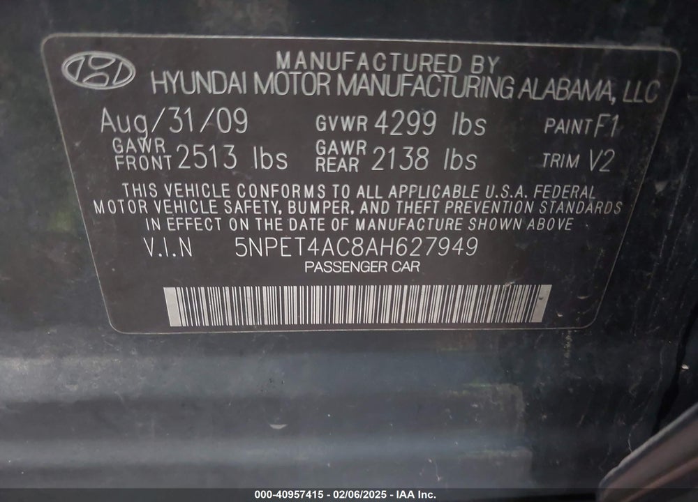 2010 HYUNDAI SONATA VIN: 5NPET4AC8AH627949