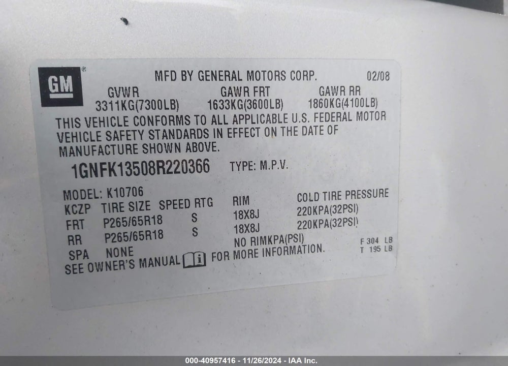 2008 CHEVROLET TAHOE HYBRID VIN: 1GNFK13508R220366