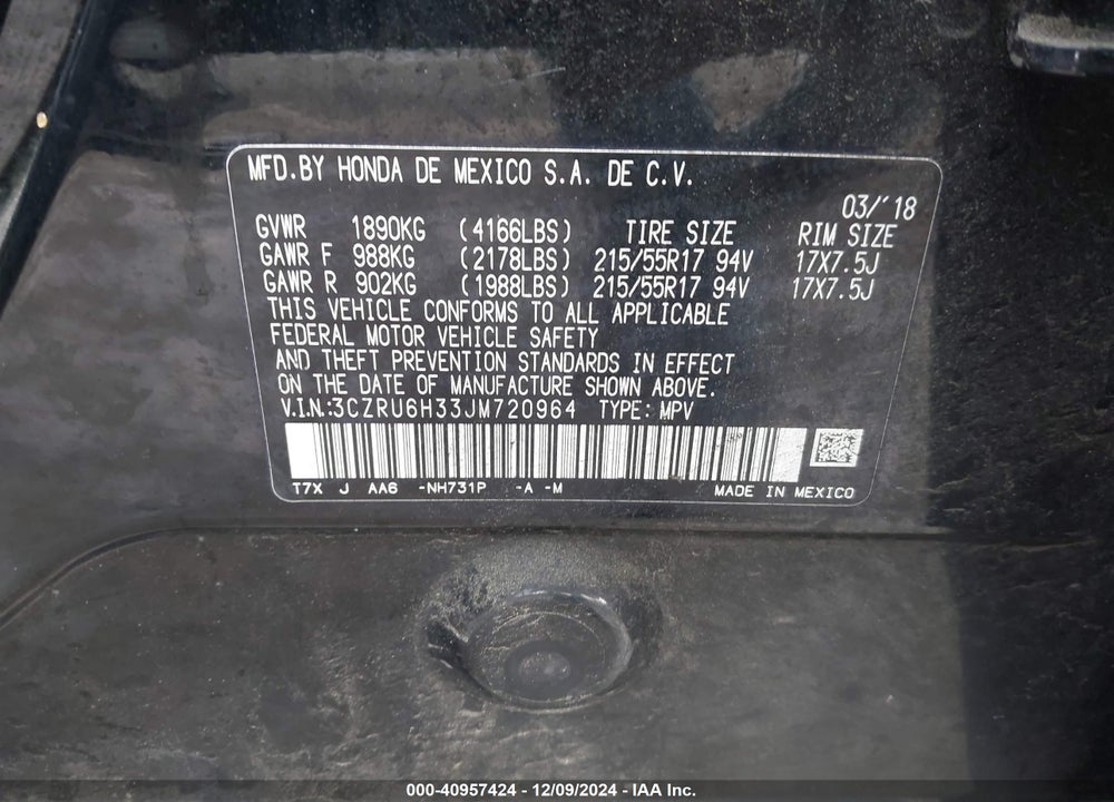 2018 HONDA HR-V LX VIN: 3CZRU6H33JM720964