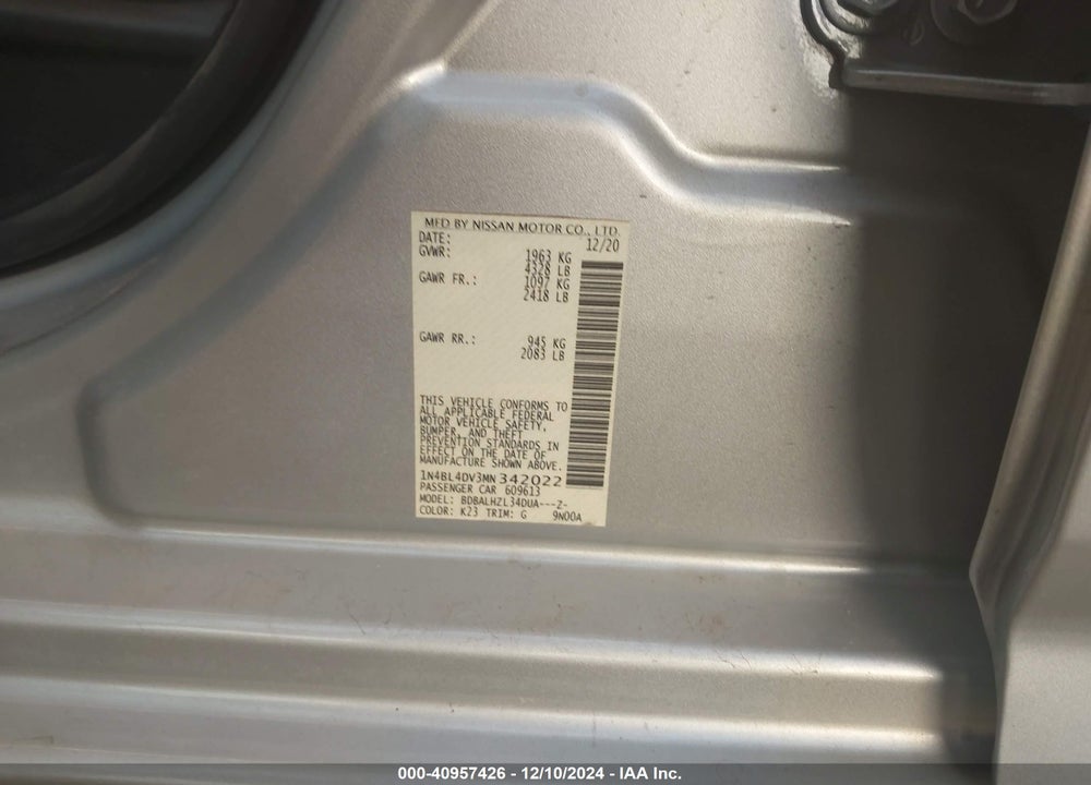 2021 NISSAN ALTIMA SV FWD VIN: 1N4BL4DV3MN342022