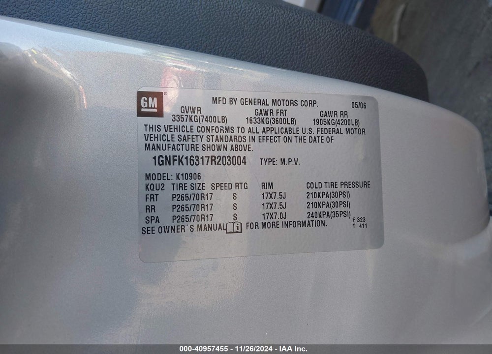 2007 CHEVROLET SUBURBAN 1500 LT VIN: 1GNFK16317R203004