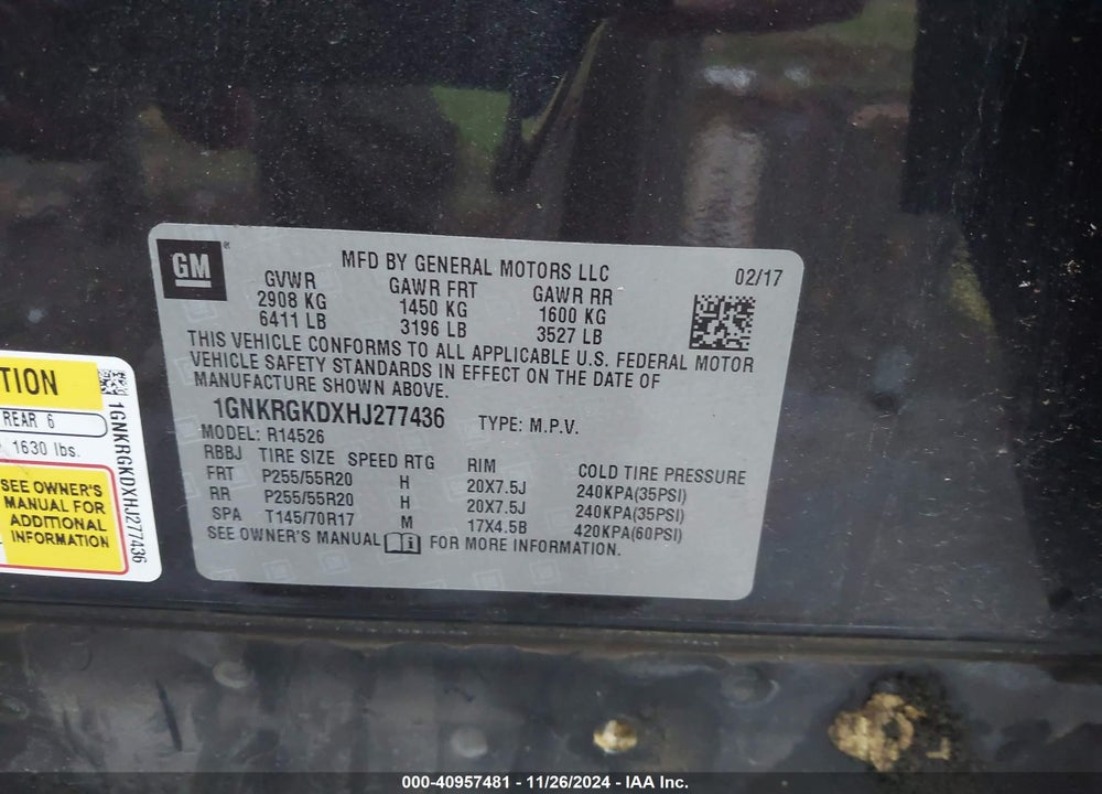 2017 CHEVROLET TRAVERSE 1LT VIN: 1GNKRGKDXHJ277436