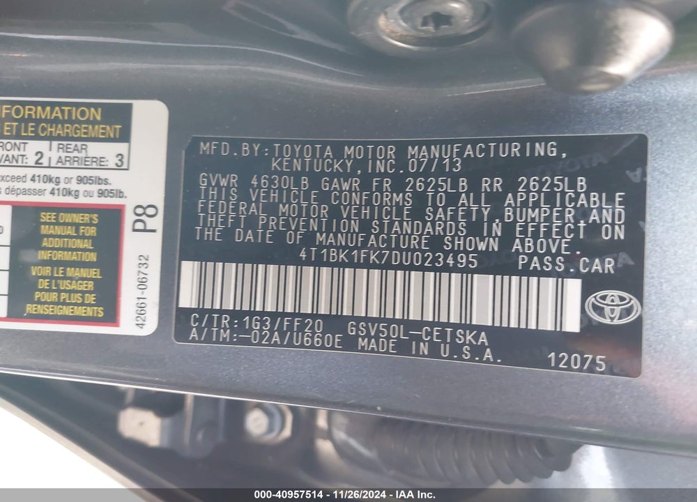 2013 TOYOTA CAMRY SE V6 VIN: 4T1BK1FK7DU023495