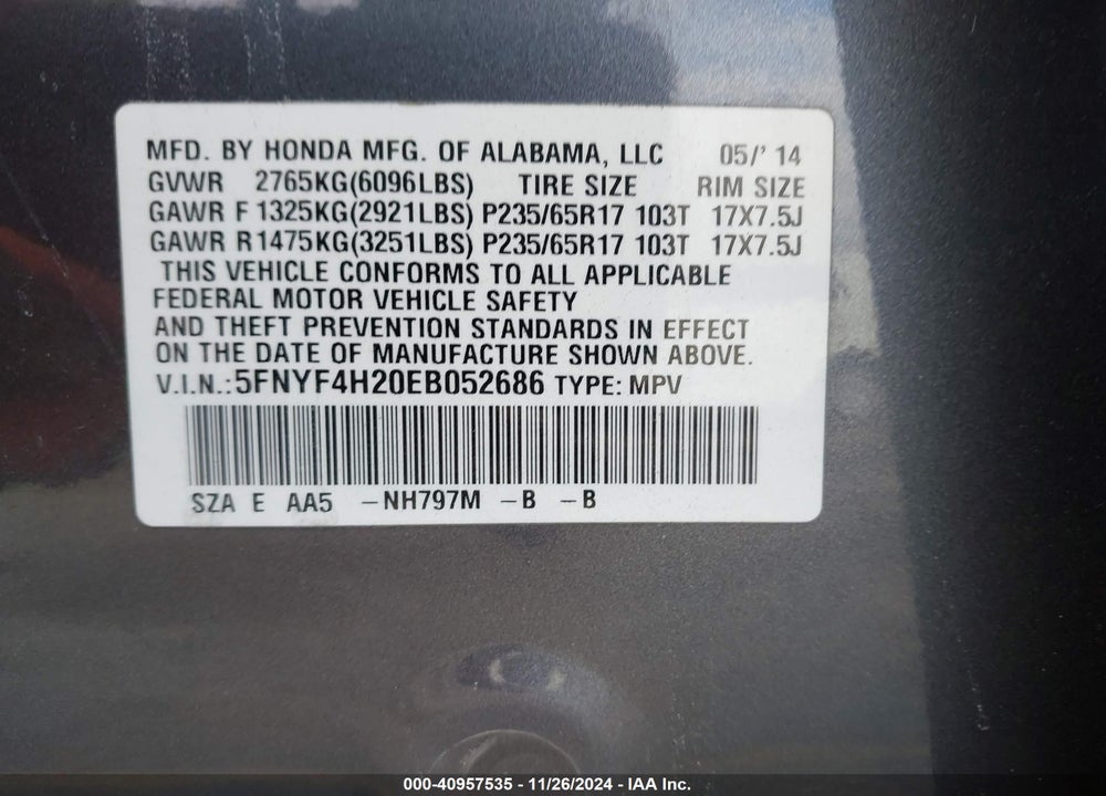 2014 HONDA PILOT LX VIN: 5FNYF4H20EB052686