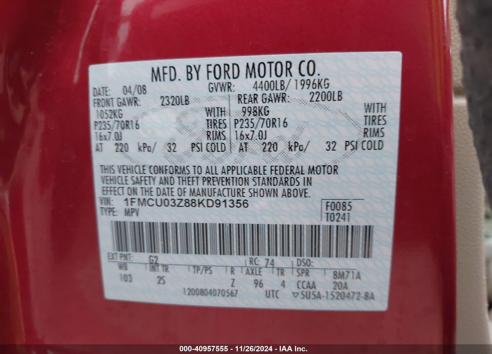 2008 FORD ESCAPE XLT VIN: 1FMCU03Z88KD91356
