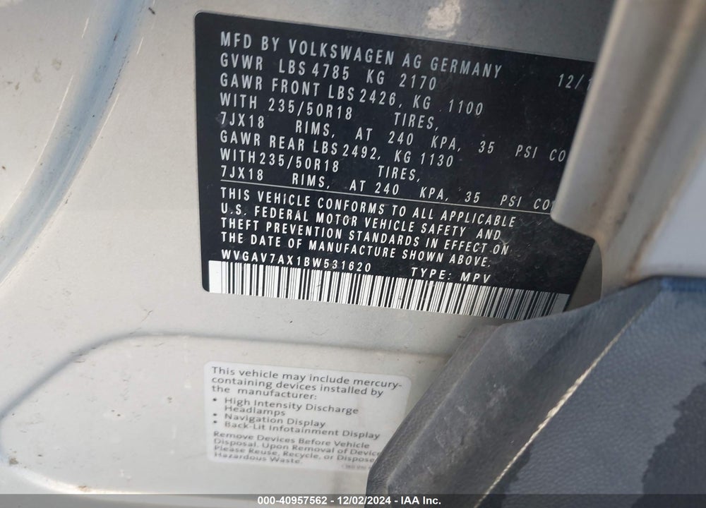 2011 VOLKSWAGEN TIGUAN SE VIN: WVGAV7AX1BW531620