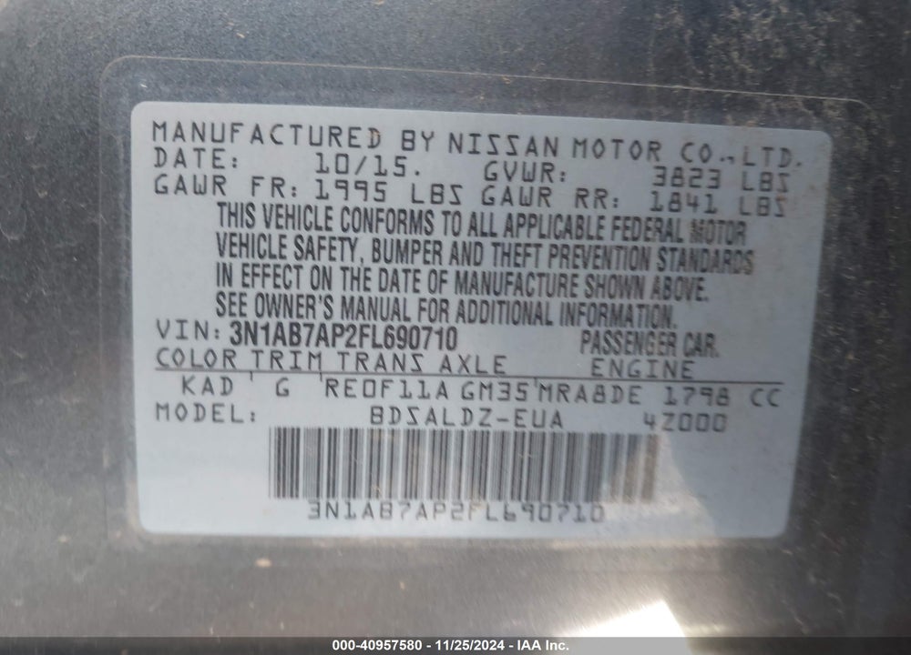 2015 NISSAN SENTRA SV VIN: 3N1AB7AP2FL690710