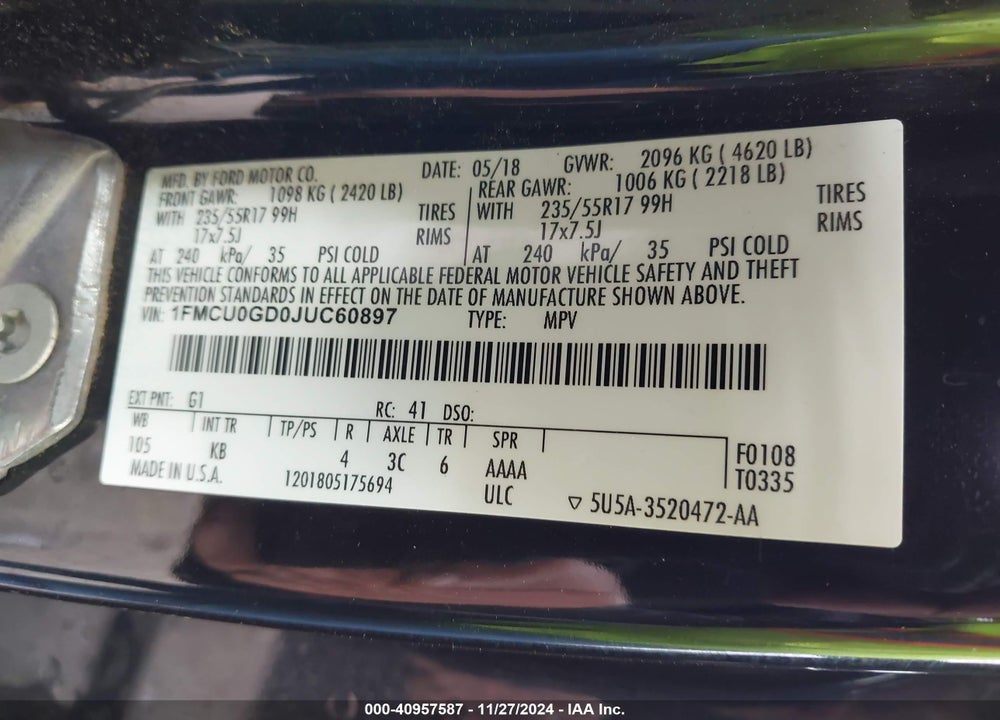 2018 FORD ESCAPE SE VIN: 1FMCU0GD0JUC60897