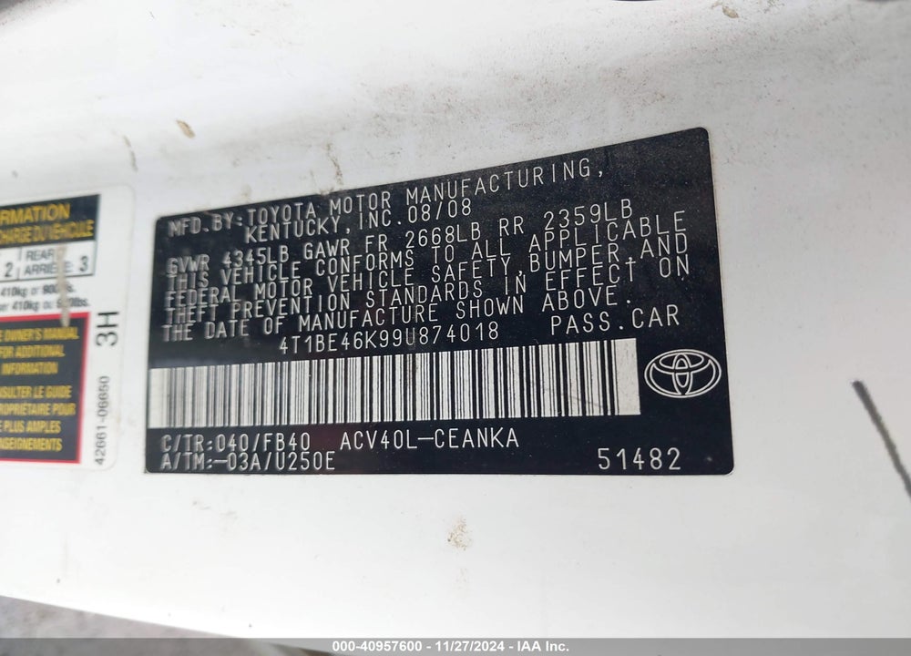 2009 TOYOTA CAMRY VIN: 4T1BE46K99U874018