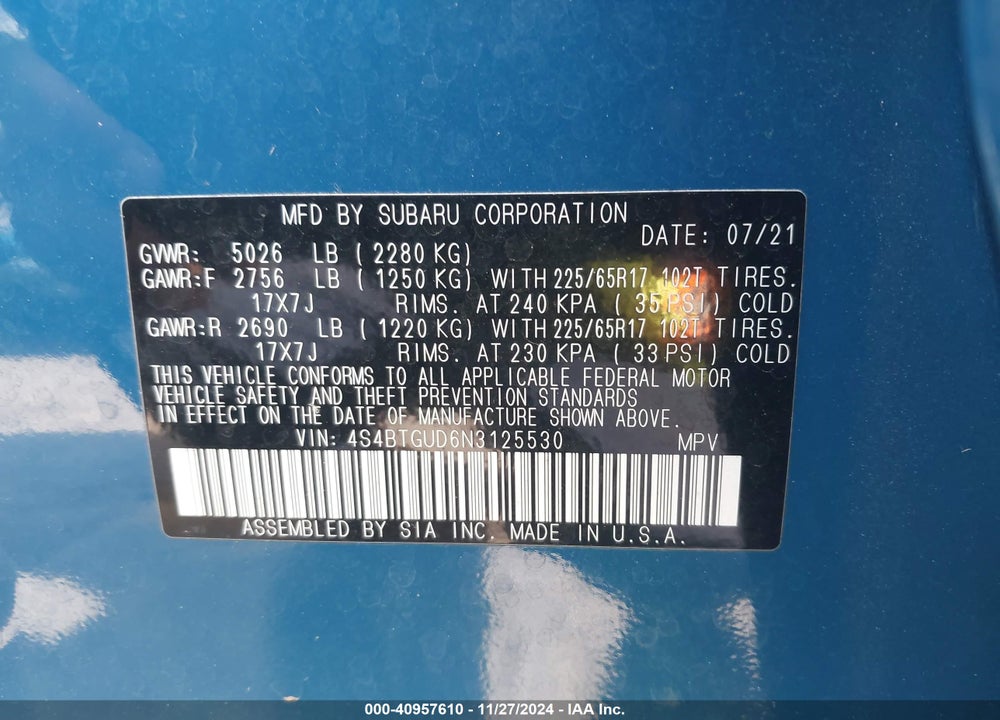 2022 SUBARU OUTBACK WILDERNESS VIN: 4S4BTGUD6N3125530