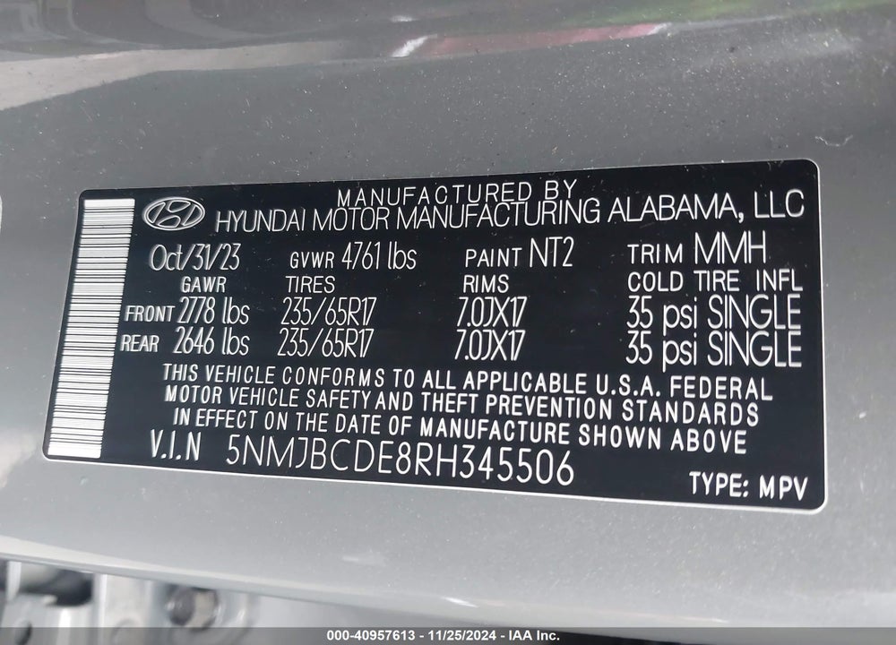 2024 HYUNDAI TUCSON SEL VIN: 5NMJBCDE8RH345506
