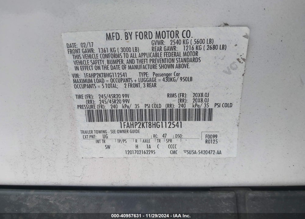 2017 FORD TAURUS VIN: 1FAHP2KT8HG112541