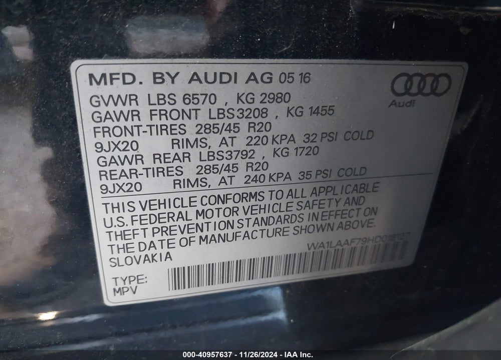 2017 AUDI Q7 3.0T PREMIUM VIN: WA1LAAF79HD018127