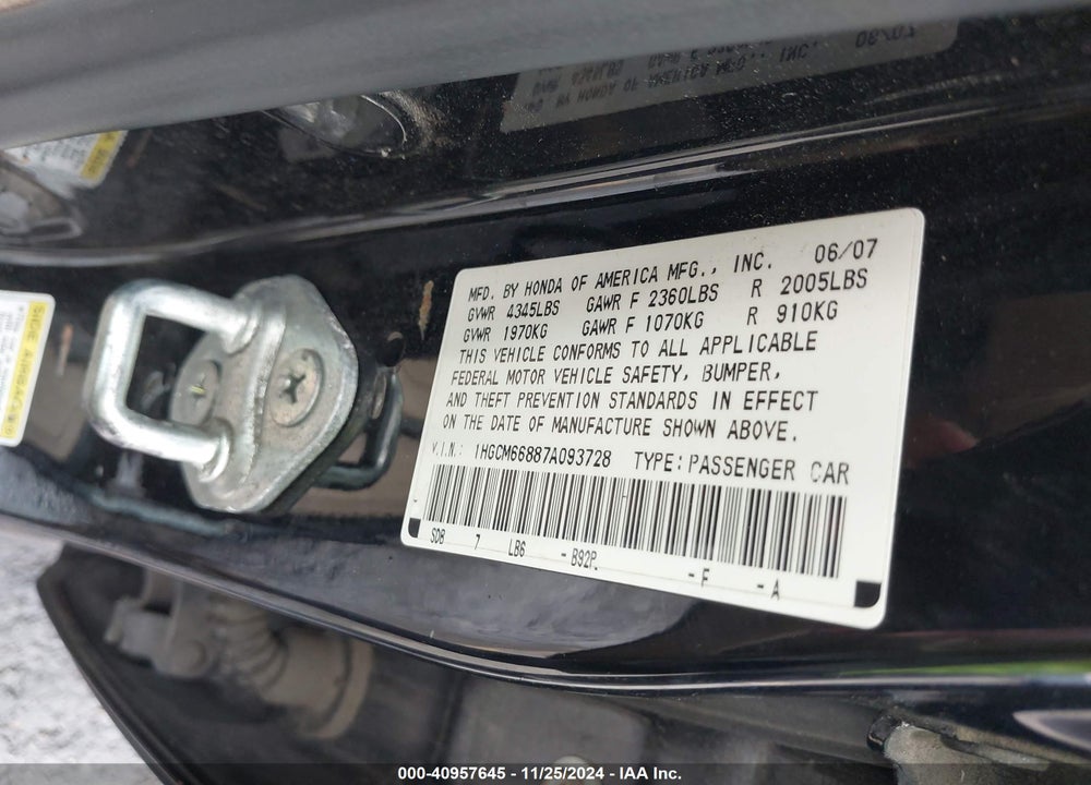 2007 HONDA ACCORD 3.0 EX VIN: 1HGCM66887A093728