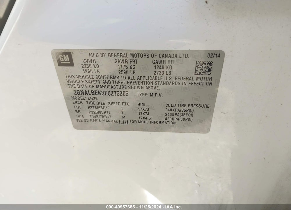 2014 CHEVROLET EQUINOX 1LT VIN: 2GNALBEK3E6275305