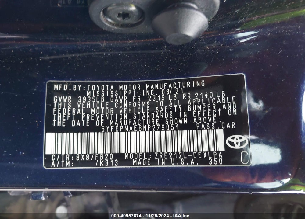 2022 TOYOTA COROLLA LE VIN: 5YFEPMAE6NP279051