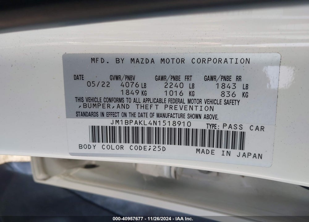 2022 MAZDA 3 SELECT VIN: JM1BPAKL4N1518910