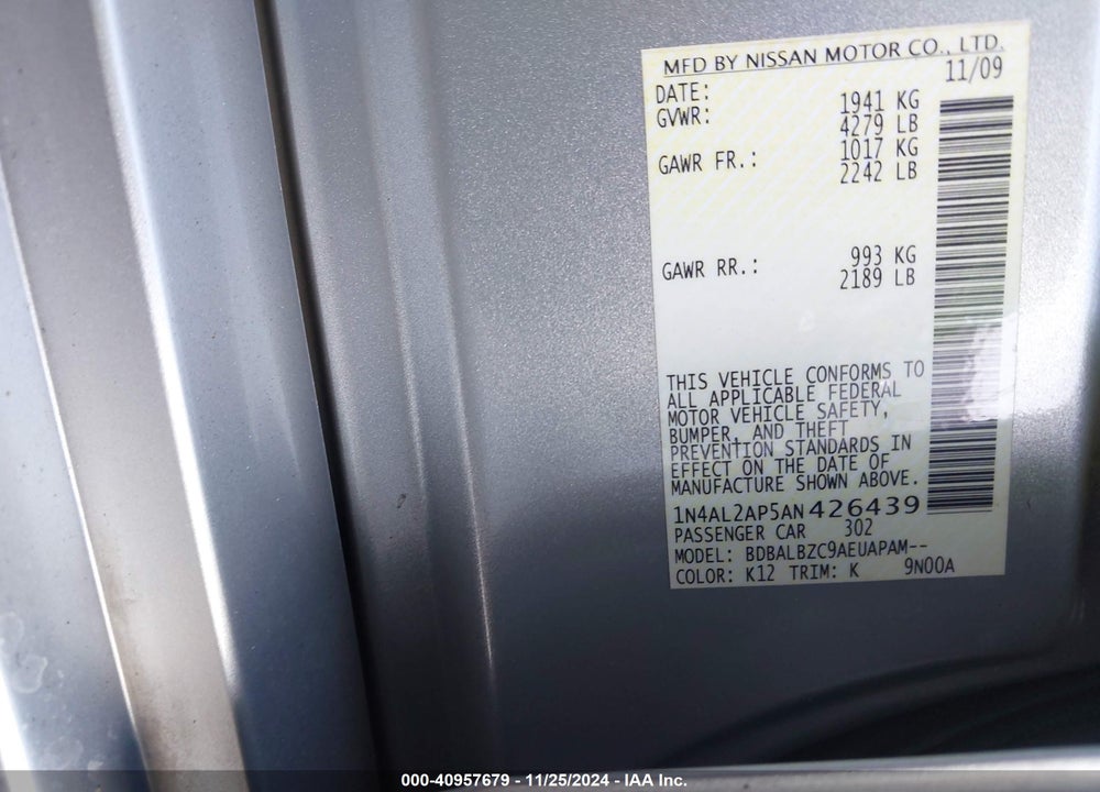 2010 NISSAN ALTIMA 2.5 S VIN: 1N4AL2AP5AN426439