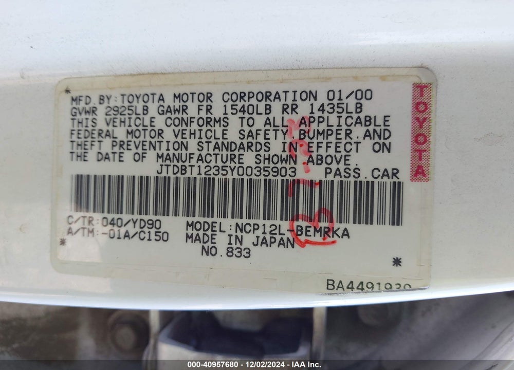 2000 TOYOTA ECHO VIN: JTDBT1235Y0035903