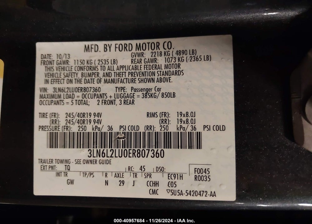 2014 LINCOLN MKZ HYBRID VIN: 3LN6L2LU0ER807360