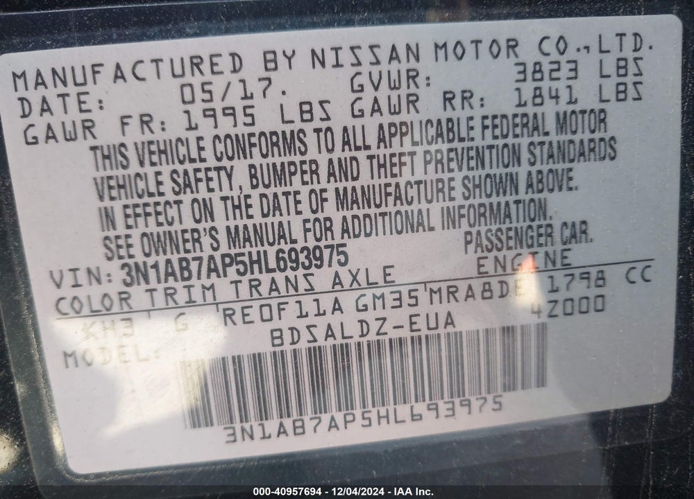 2017 NISSAN SENTRA SV VIN: 3N1AB7AP5HL693975
