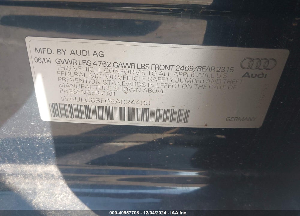2005 AUDI A4 1.8T/1.8T SPECIAL EDITION VIN: WAULC68E05A034400