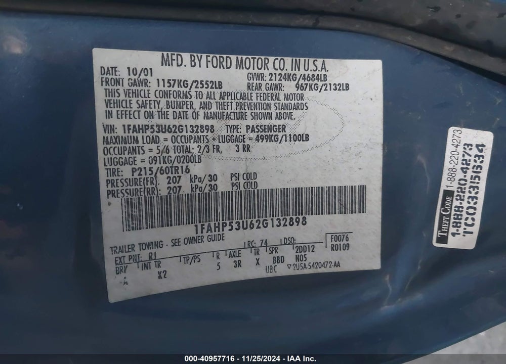 2002 FORD TAURUS SE VIN: 1FAHP53U62G132898