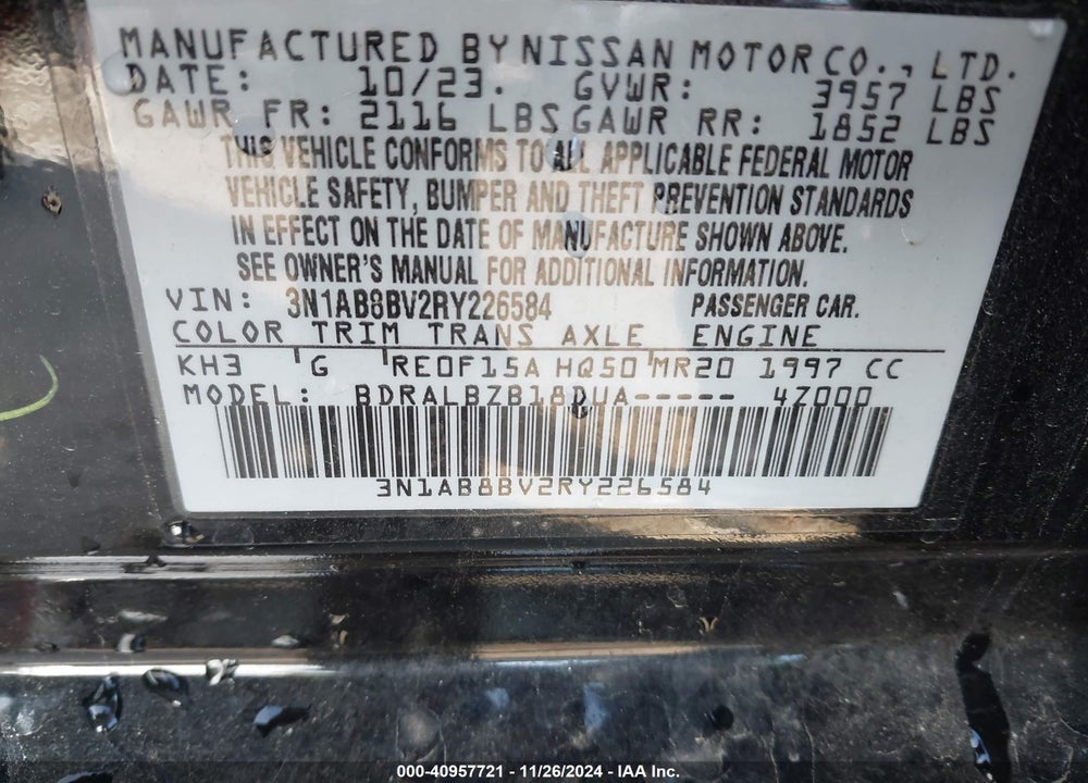 2024 NISSAN SENTRA VIN: 3N1AB8BV2RY226584