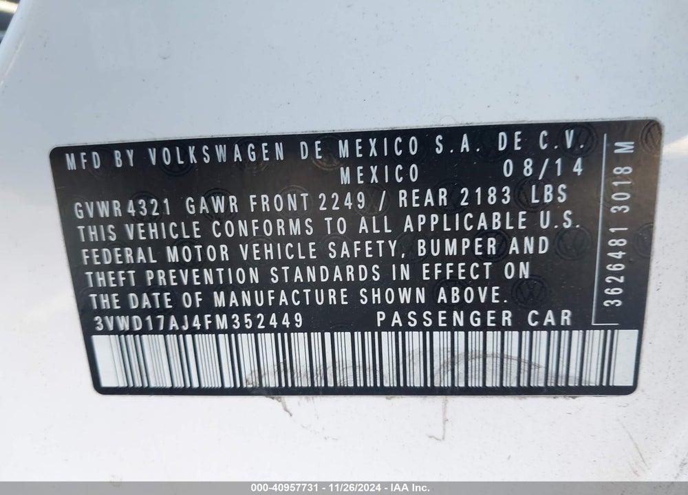 2015 VOLKSWAGEN JETTA 1.8T SE VIN: 3VWD17AJ4FM352449