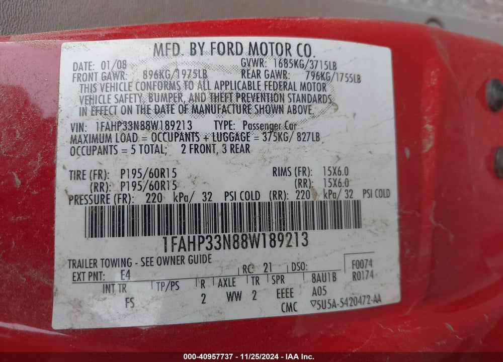 2008 FORD FOCUS SE/SES VIN: 1FAHP33N88W189213