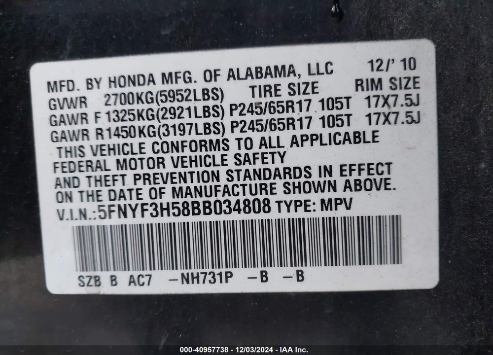 2011 HONDA PILOT EX-L VIN: 5FNYF3H58BB034808