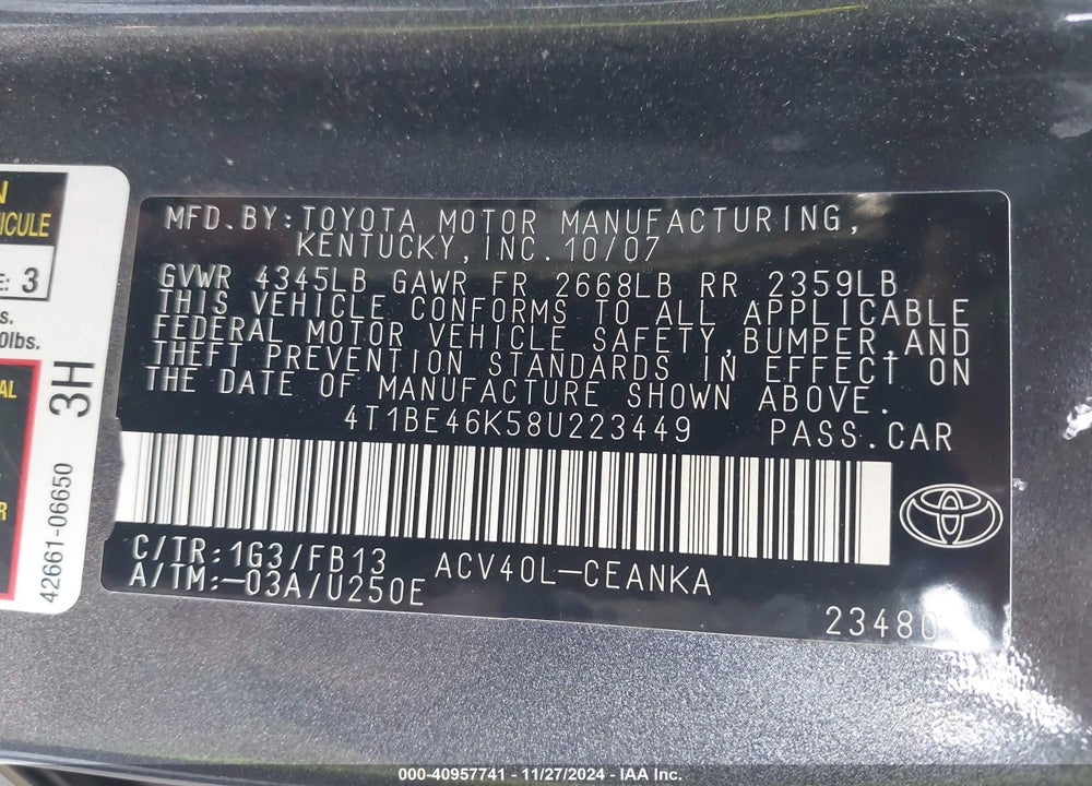 2008 TOYOTA CAMRY LE VIN: 4T1BE46K58U223449