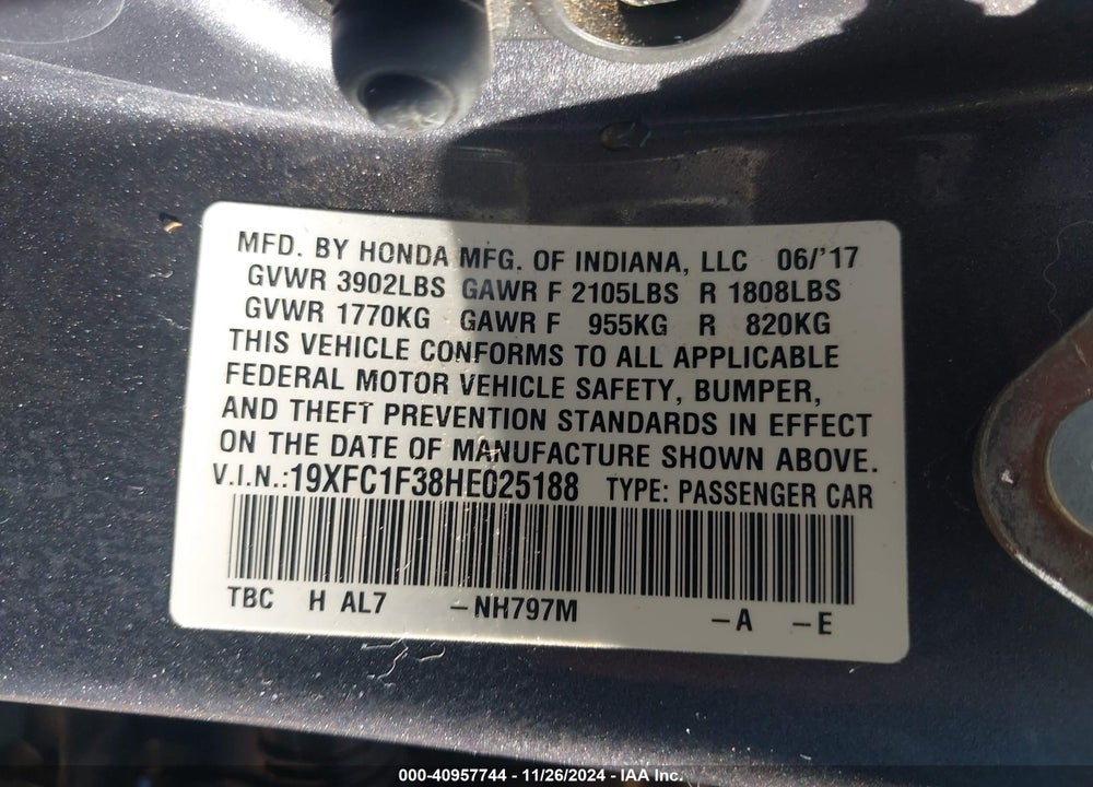 2017 HONDA CIVIC EX-T VIN: 19XFC1F38HE025188