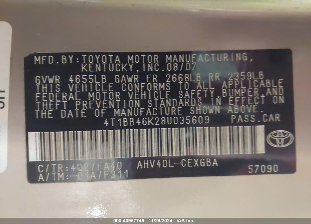 2008 TOYOTA CAMRY HYBRID VIN: 4T1BB46K28U035609